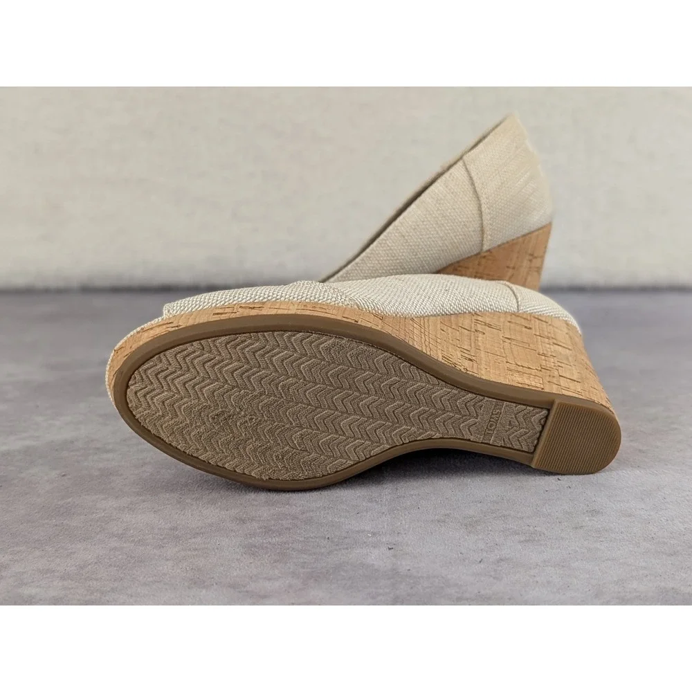 TOMS Desert Wedge Oatmeal Canvas Peep Toe Cork Heels 10009767 Womens 5